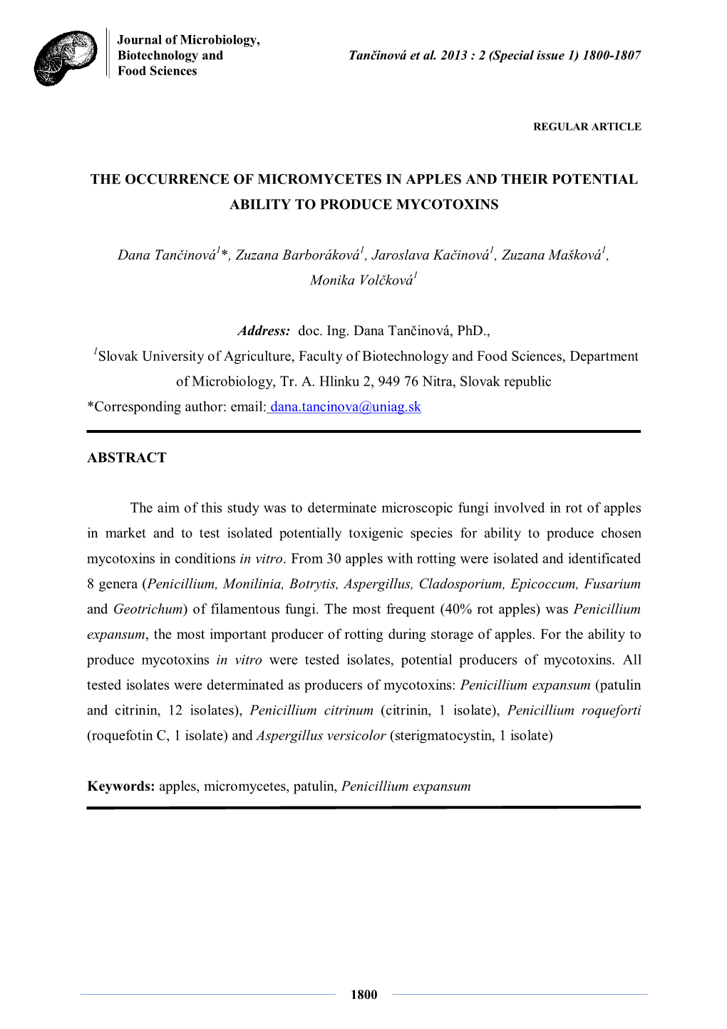 The Occurrence of Micromycetes in Apples and Their Potential Ability to Produce Mycotoxins