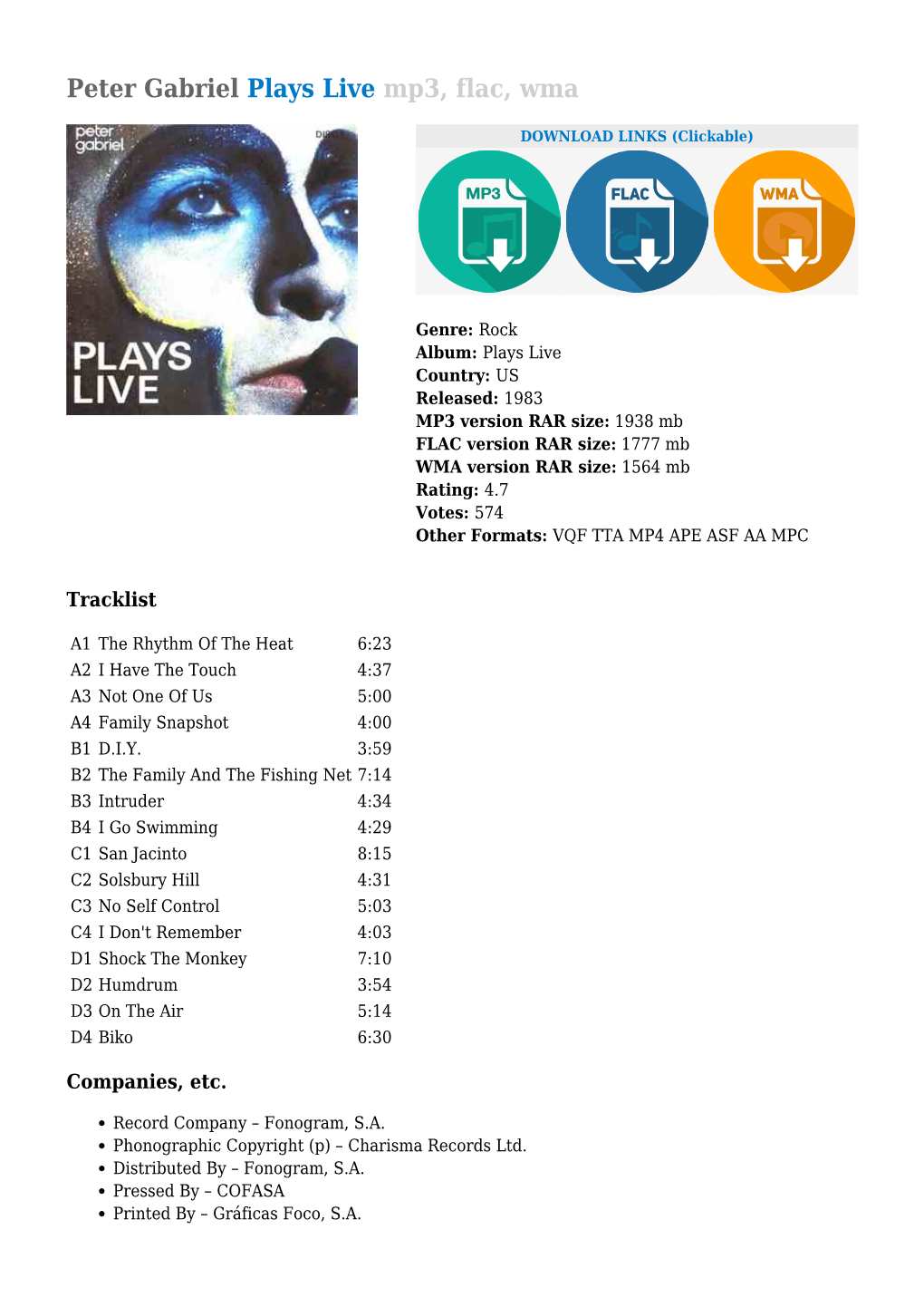 Peter Gabriel Plays Live Mp3, Flac, Wma