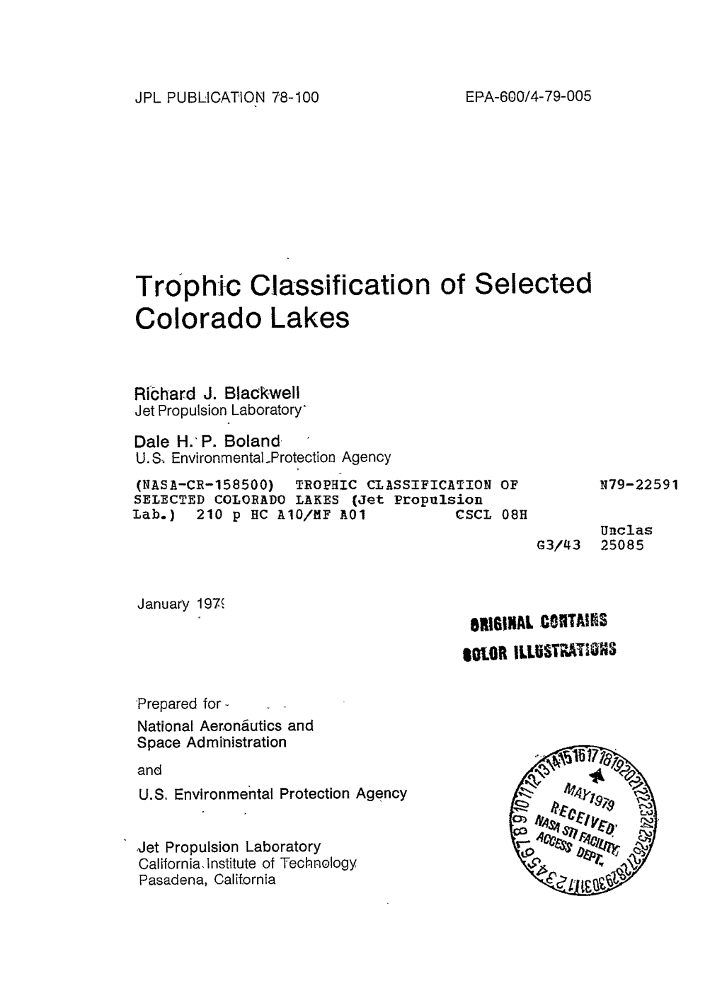 Trophic Classification of Selected Colorado Lakes