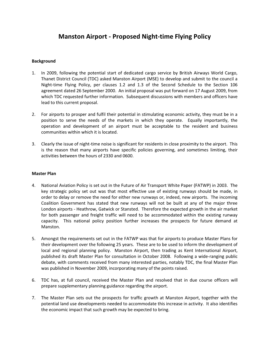 Manston Airport - Proposed Night-Time Flying Policy