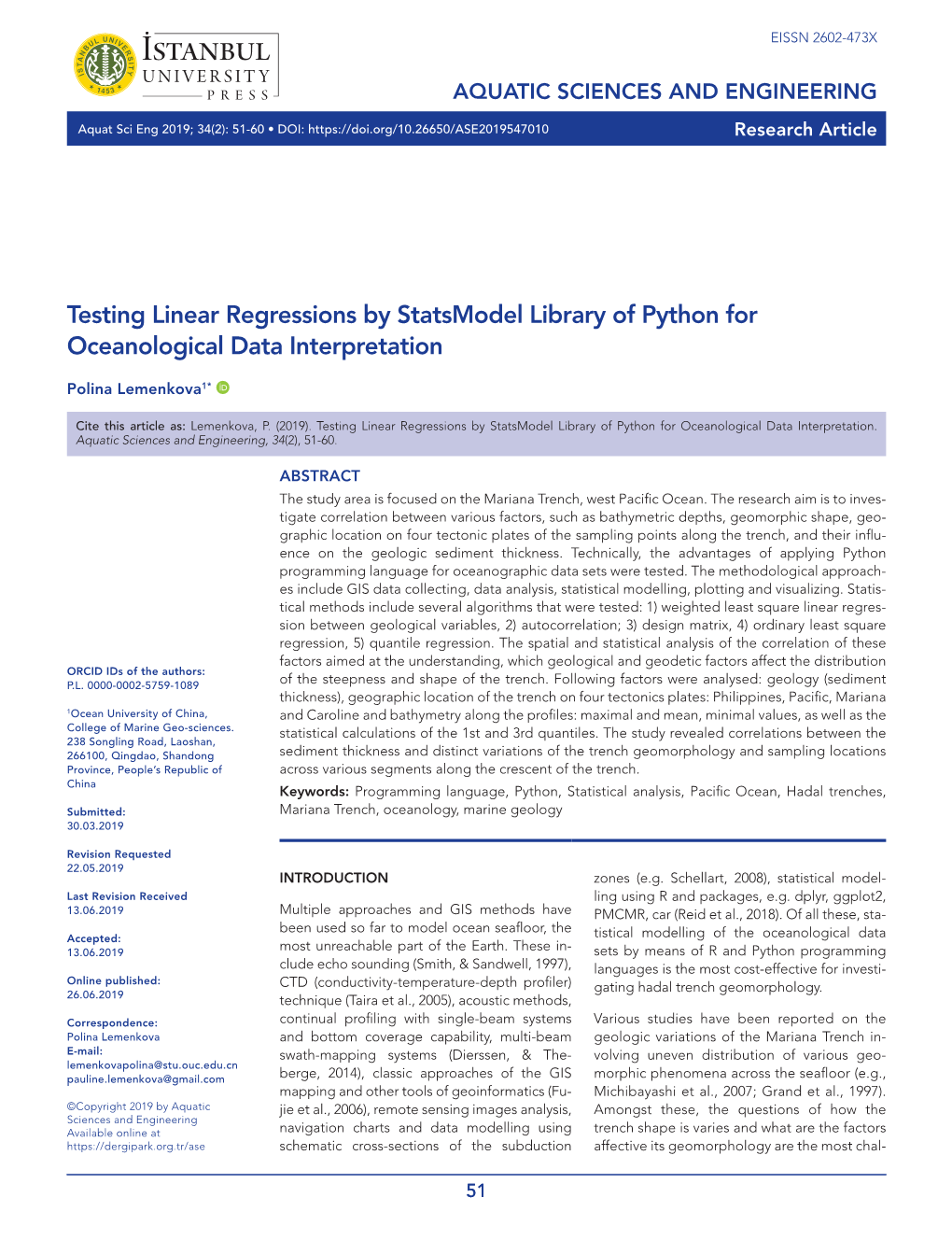 Testing Linear Regressions by Statsmodel Library of Python for Oceanological Data Interpretation