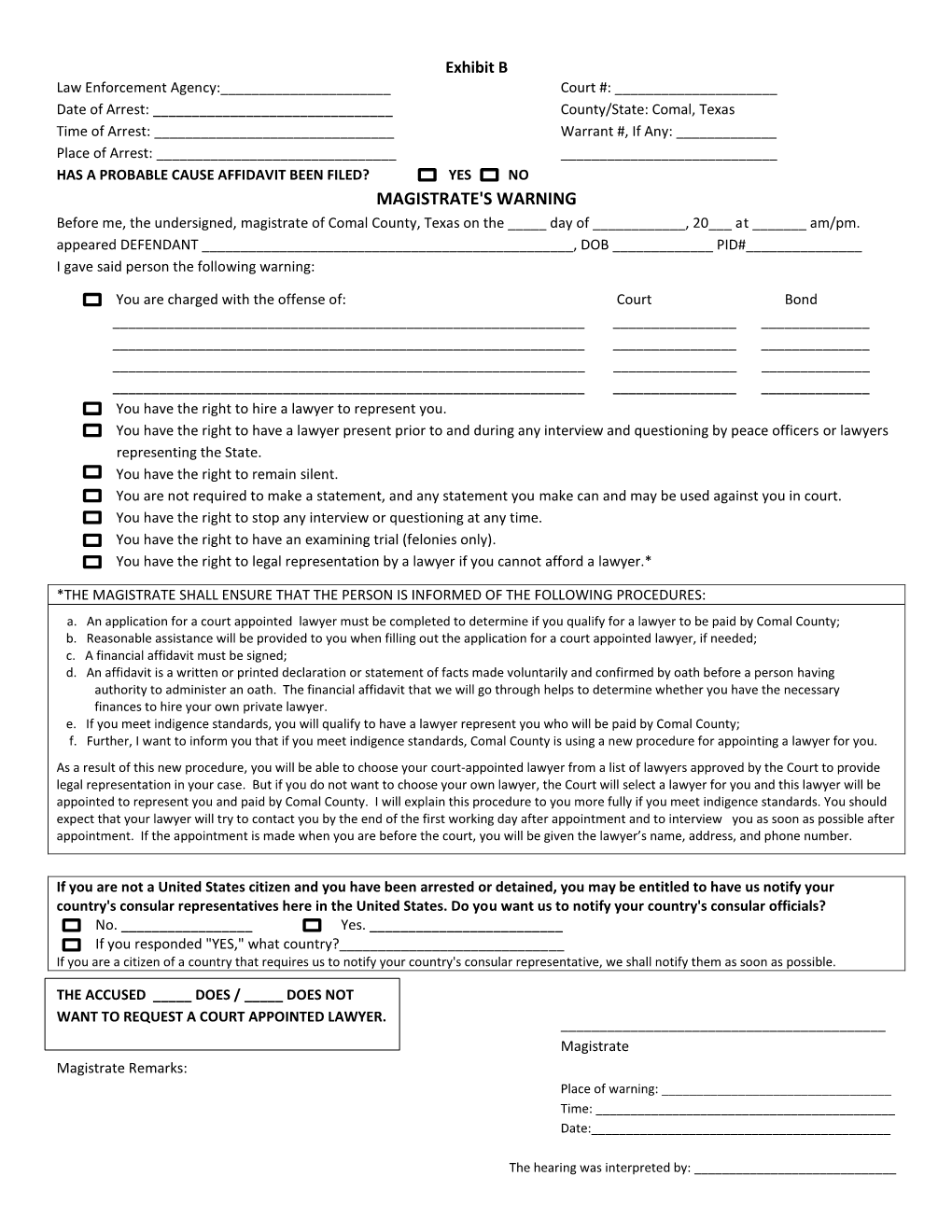 MAGISTRATE's WARNING Before Me, the Undersigned, Magistrate of Comal County, Texas on the _____ Day of ______, 20___ at ______Am/Pm