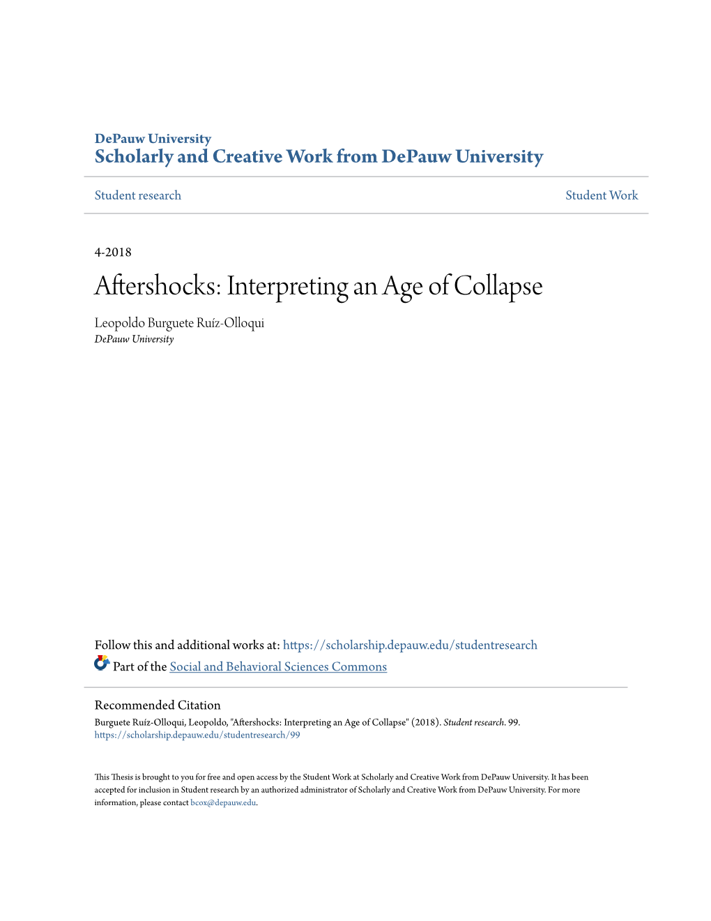 Aftershocks: Interpreting an Age of Collapse Leopoldo Burguete Ruíz-Olloqui Depauw University