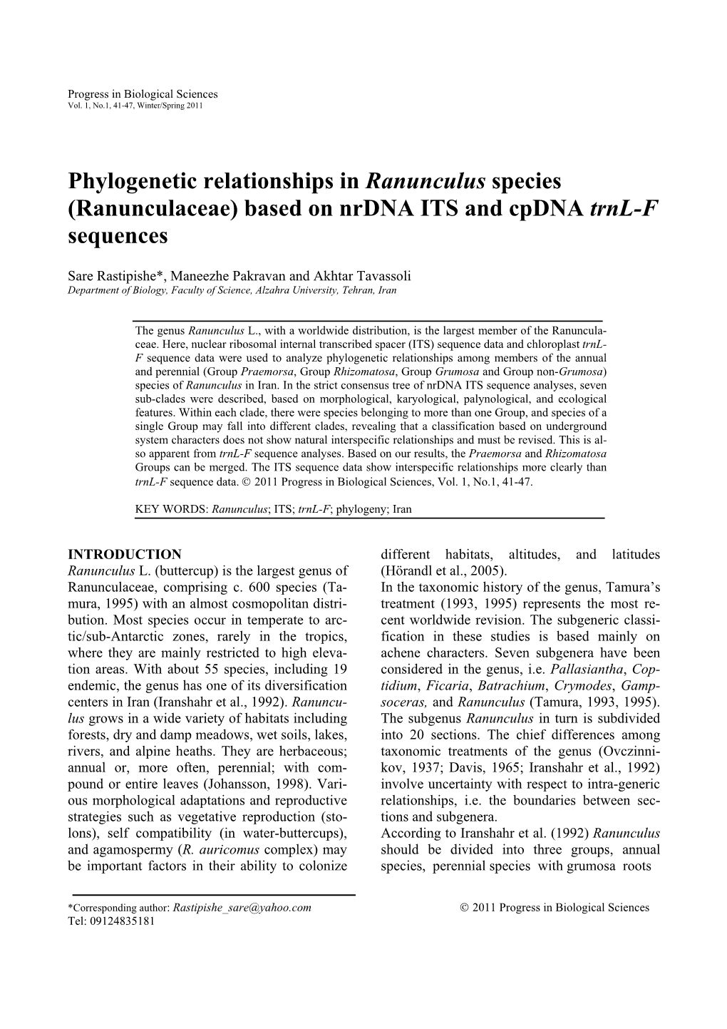 Phylogenetic Relationships in Ranunculus Species (Ranunculaceae) Based on Nrdna ITS and Cpdna Trnl-F Sequences