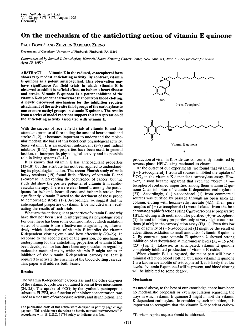 On the Mechanism of the Anticlotting Action of Vitamin E Quinone