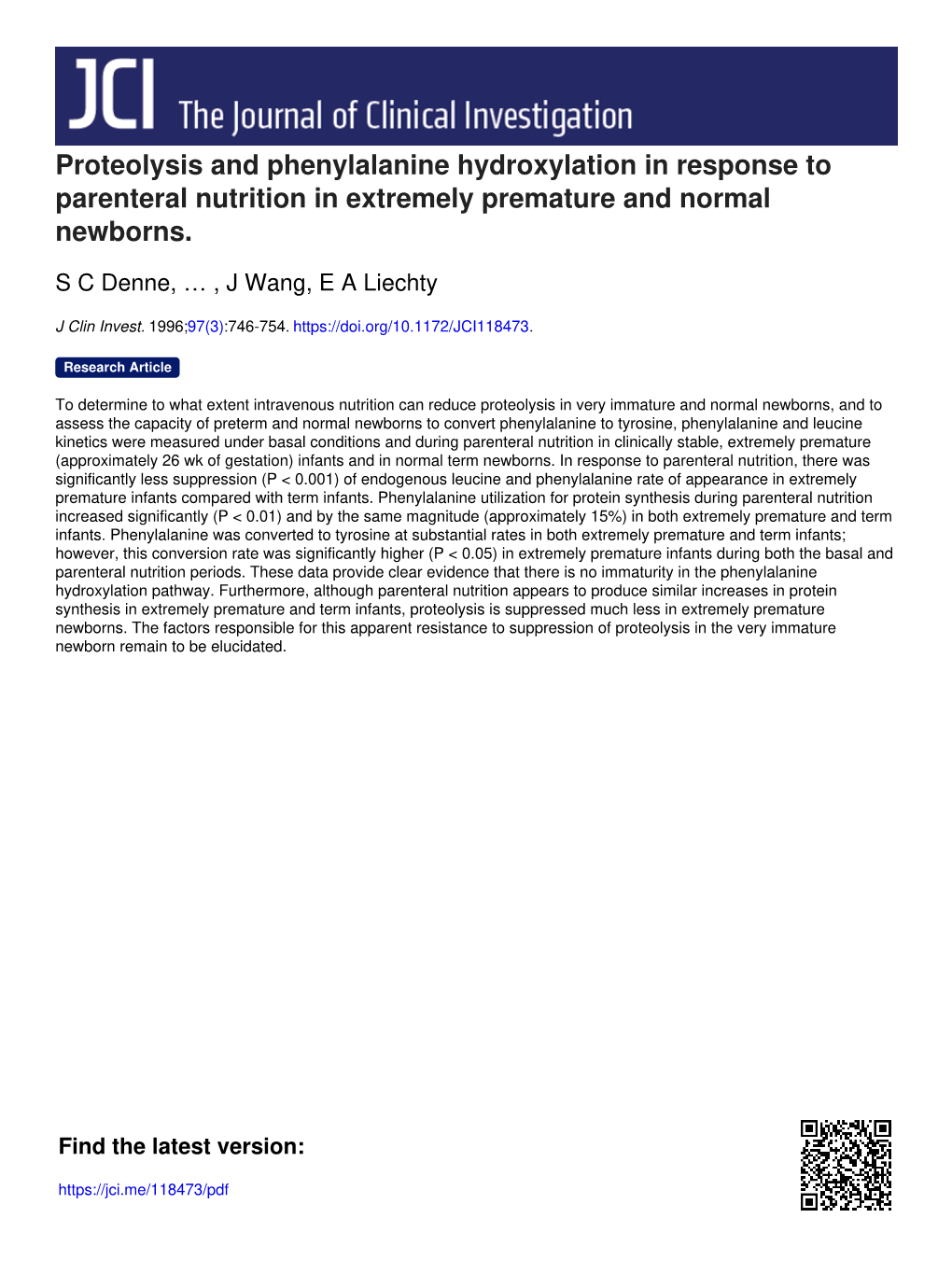 Proteolysis and Phenylalanine Hydroxylation in Response to Parenteral Nutrition in Extremely Premature and Normal Newborns