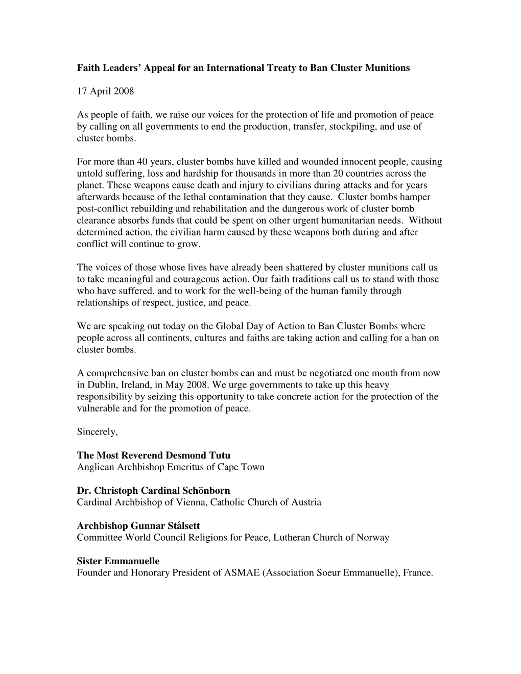 Letter from Faith Leaders Calling for Ban on Cluster Munitions