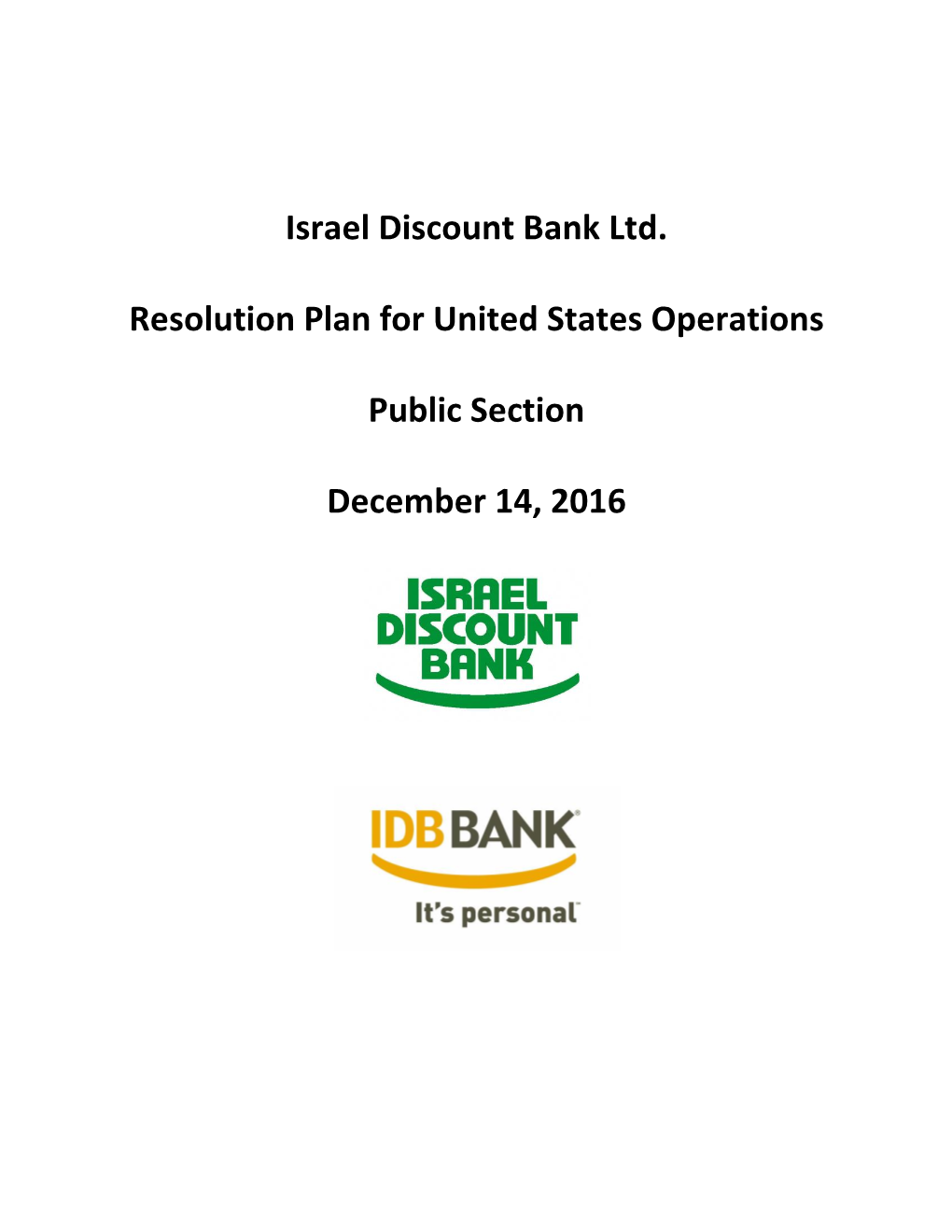 Israel Discount Bank Ltd. Resolution Plan for United States Operations