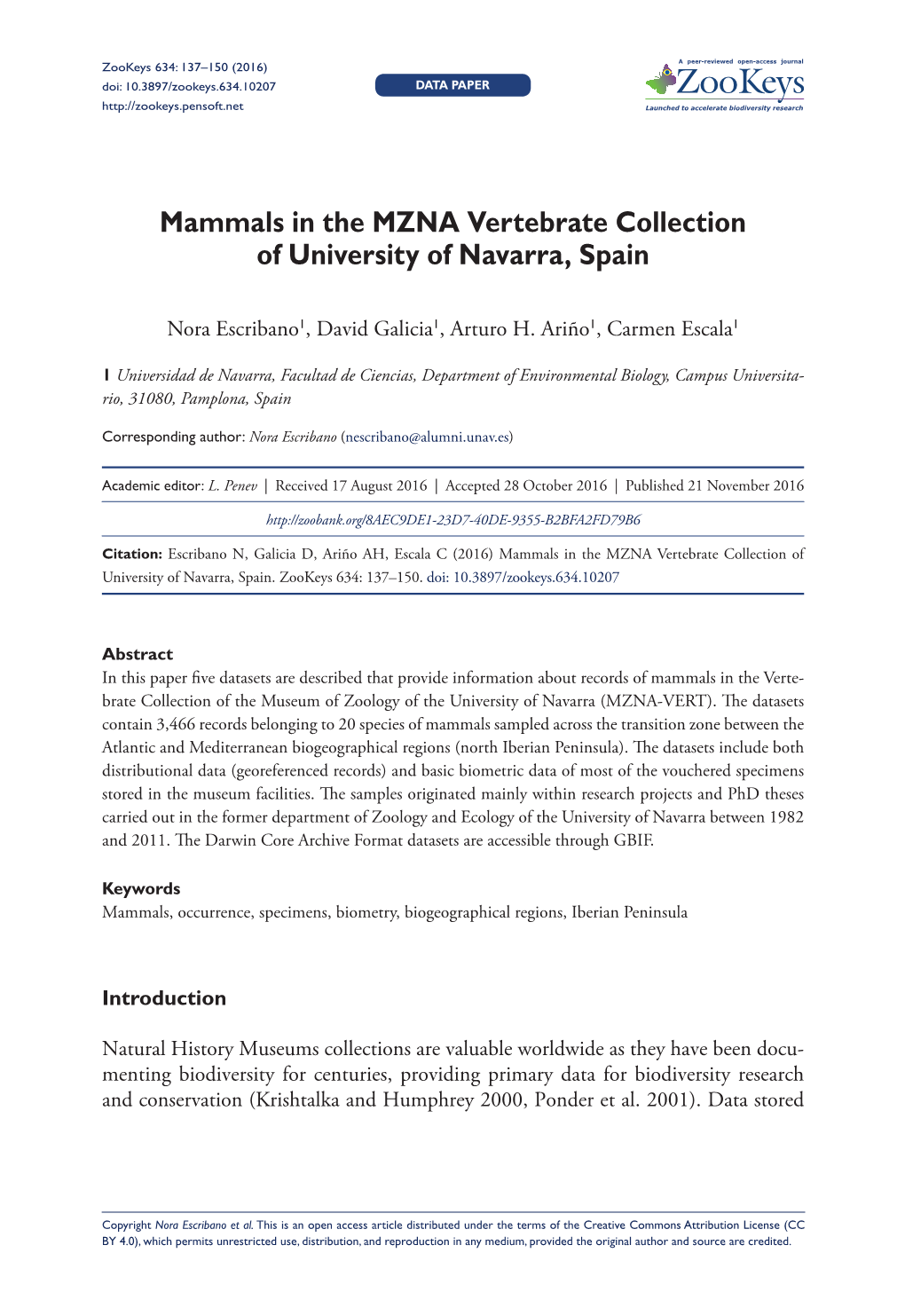 Mammals in the MZNA Vertebrate Collection of University of Navarra, Spain