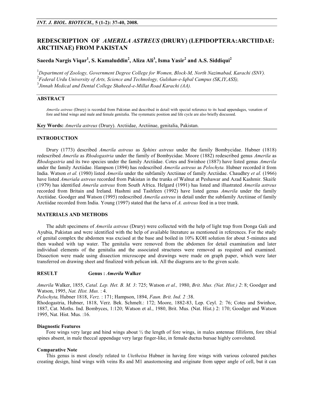 Redescription of Amerila Astreus (Drury) (Lepidoptera:Arctiidae: Arctiinae) from Pakistan