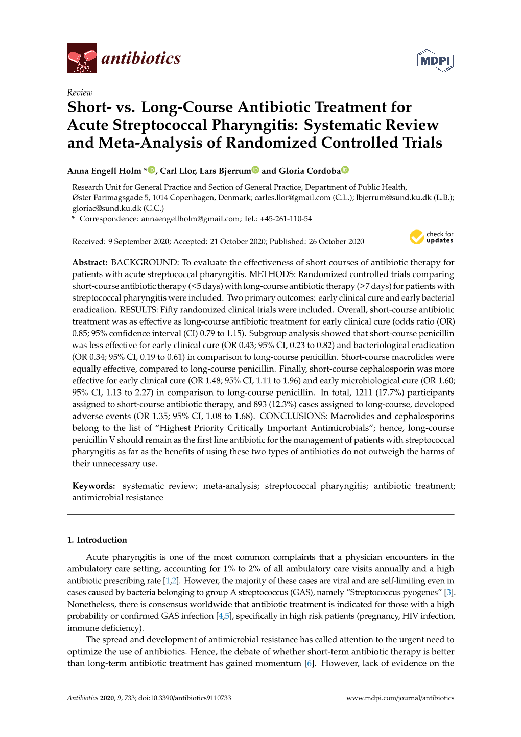 Vs. Long-Course Antibiotic Treatment for Acute Streptococcal Pharyngitis: Systematic Review and Meta-Analysis of Randomized Controlled Trials