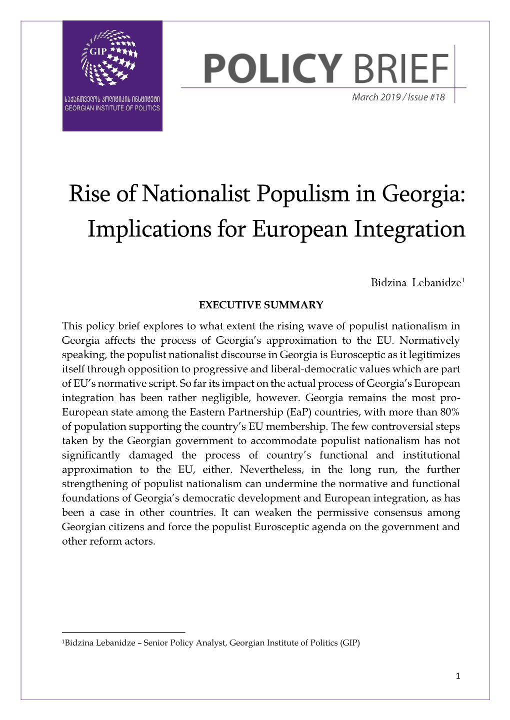 Rise of Nationalist Populism in Georgia: Implications for European Integration