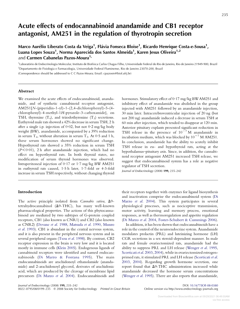 Acute Effects of Endocannabinoid Anandamide and CB1 Receptor Antagonist, AM251 in the Regulation of Thyrotropin Secretion