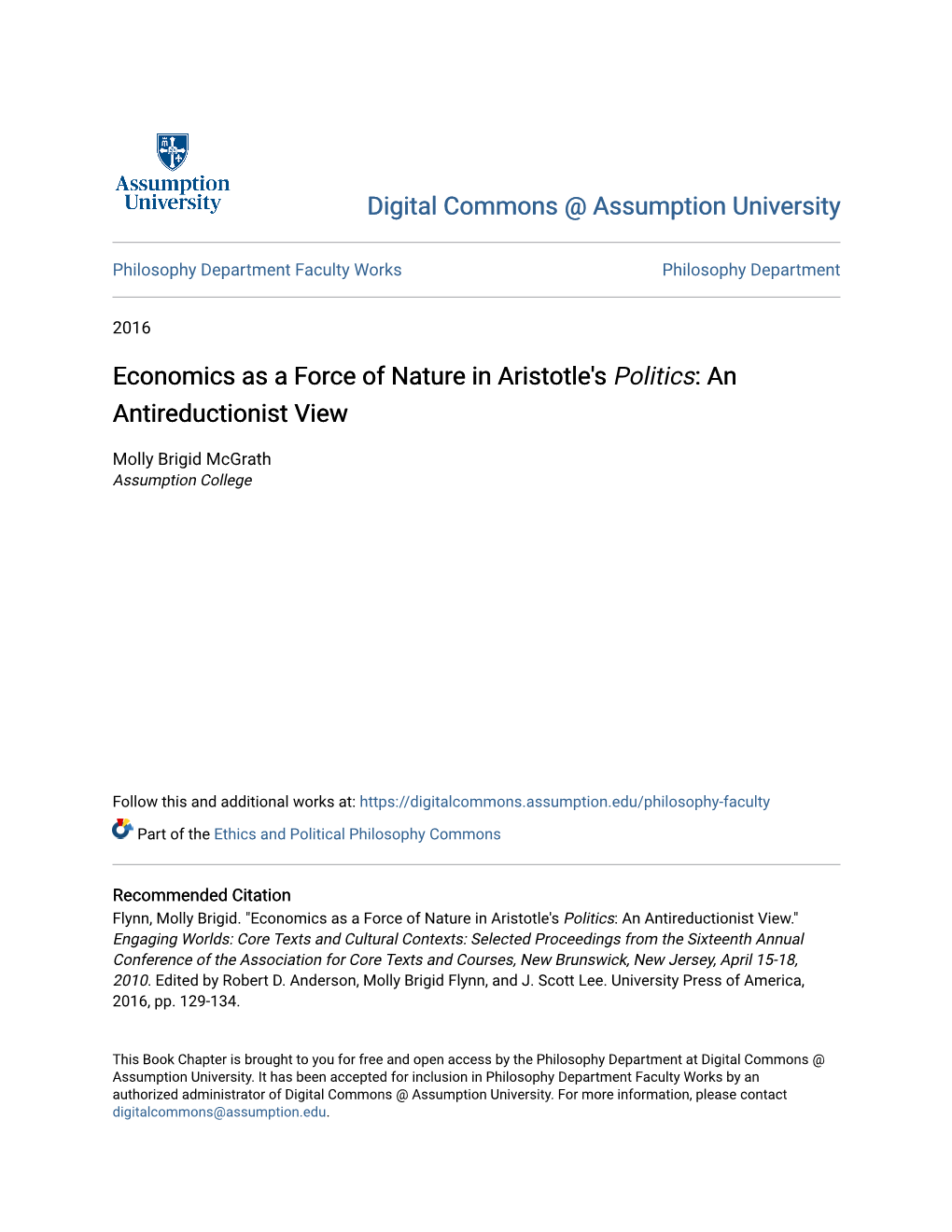 Economics As a Force of Nature in Aristotle's Politics: an Antireductionist View