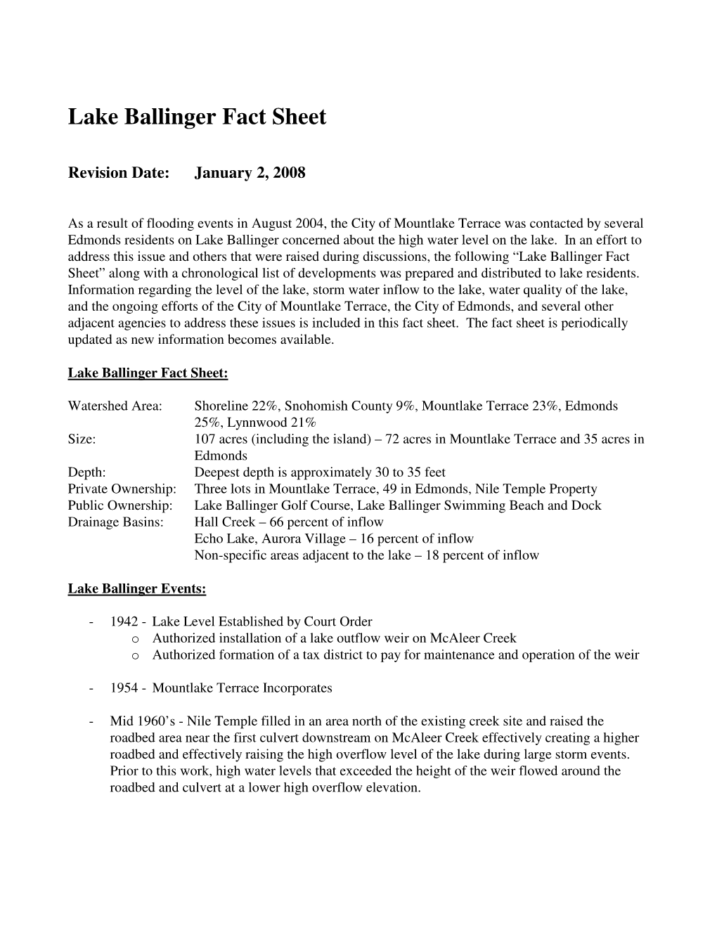 Lake Ballinger Fact Sheet and History 2008