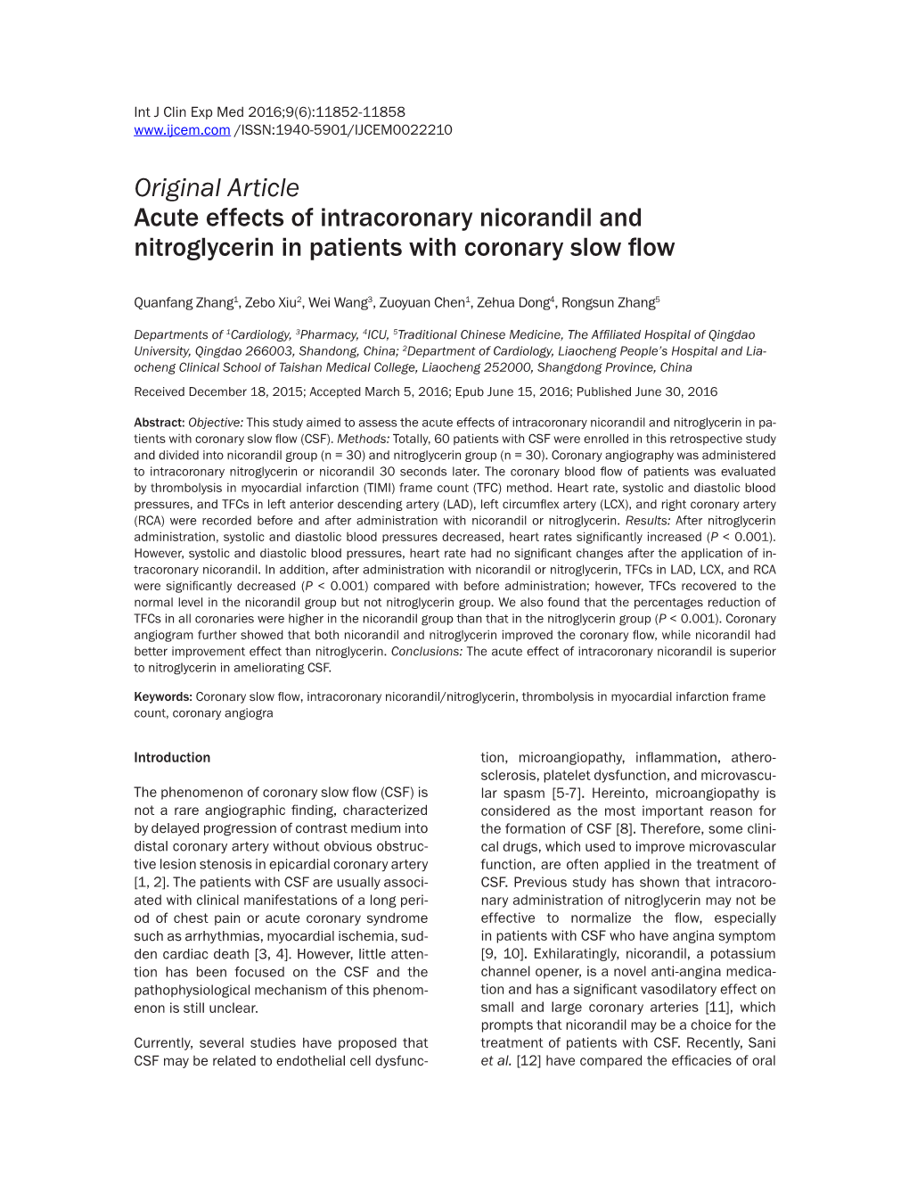 Original Article Acute Effects of Intracoronary Nicorandil and Nitroglycerin in Patients with Coronary Slow Flow