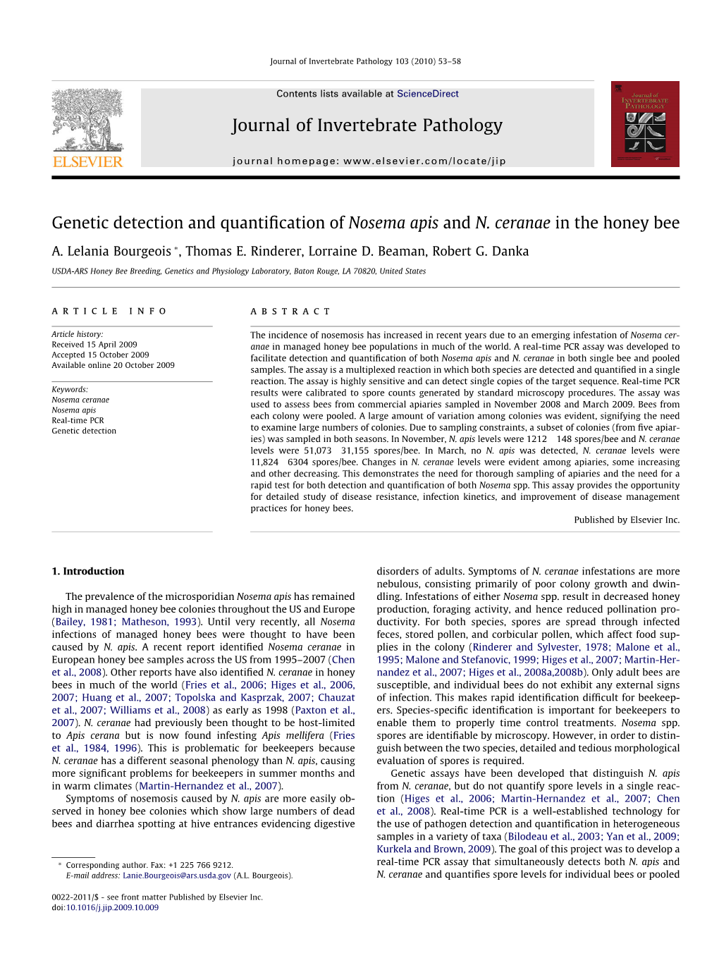 Genetic Detection and Quantification of Nosema Apis and N. Ceranae In