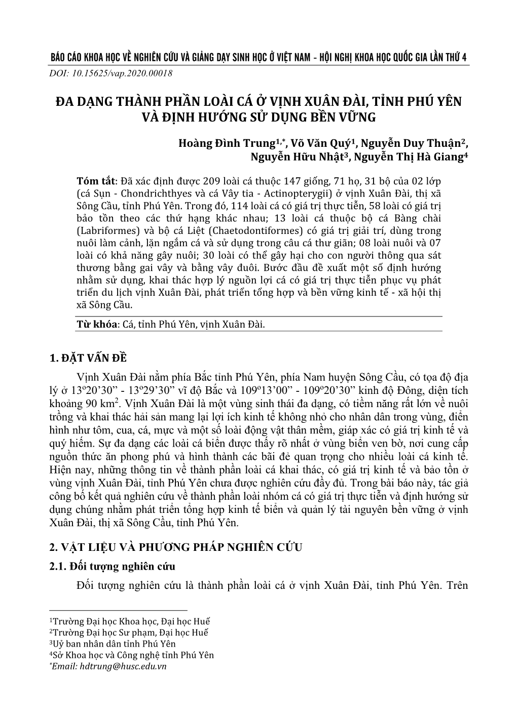 Đa Dạng Thành Phần Loài Cá Ở Vịnh Xuân Đài, Tỉnh Phú Yên Và Định Hướng Sử Dụng Bền Vững