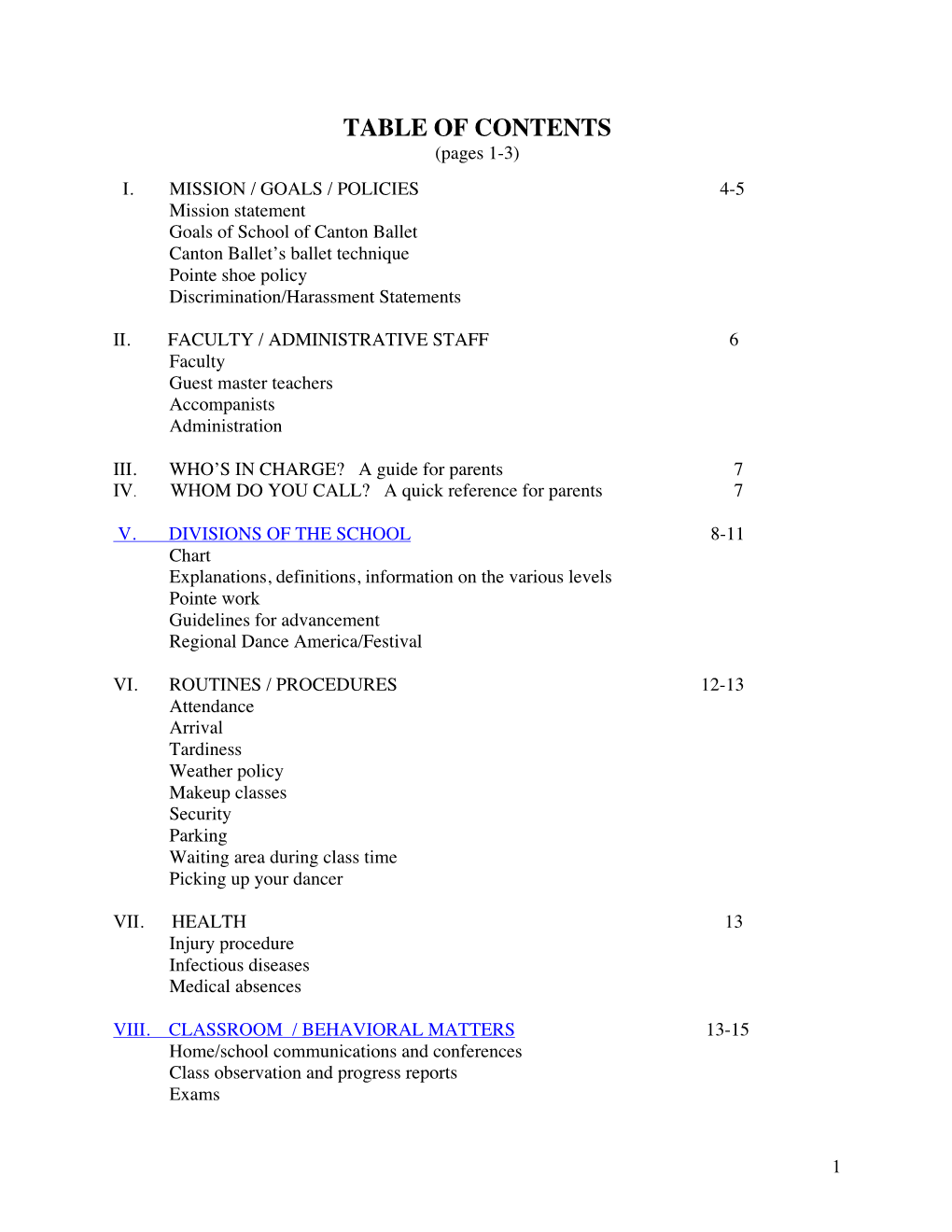 TABLE of CONTENTS (Pages 1-3)