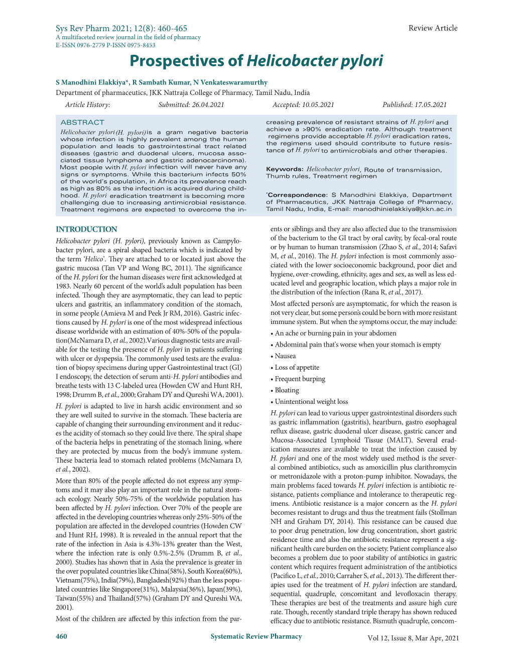 Prospectives of Helicobacter Pylori