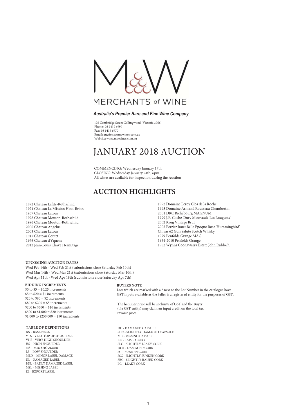 JANUARY 2018 AUCTION Wednesday, 24 January 2018 6:00 PM