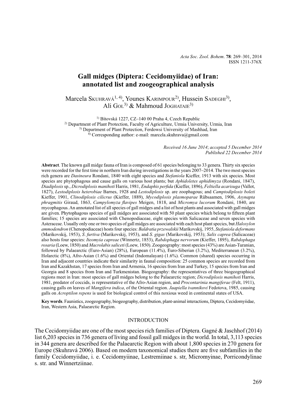 Gall Midges (Diptera: Cecidomyiidae) of Iran: Annotated List and Zoogeographical Analysis