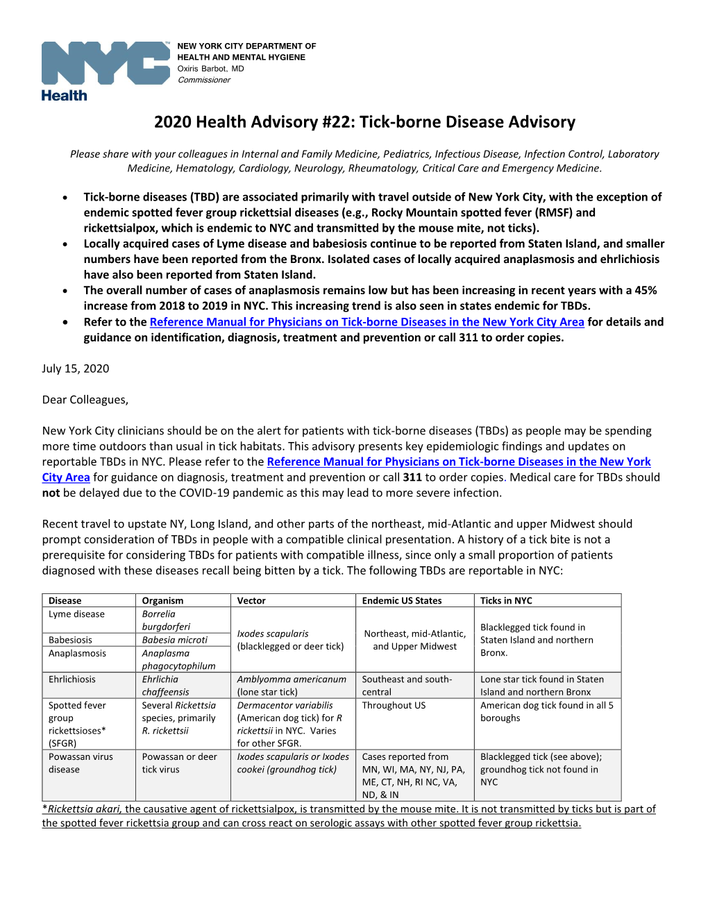 2020 Department of Health Advisory #22: Tick-Borne Disease Advisory