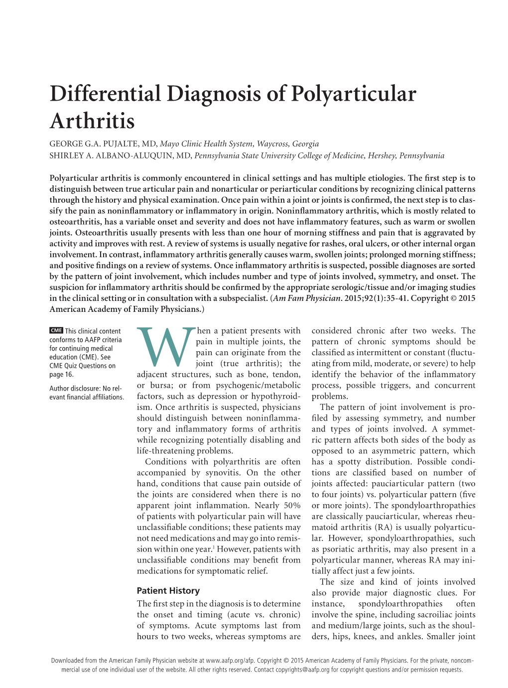 Differential Diagnosis of Polyarticular Arthritis GEORGE G.A