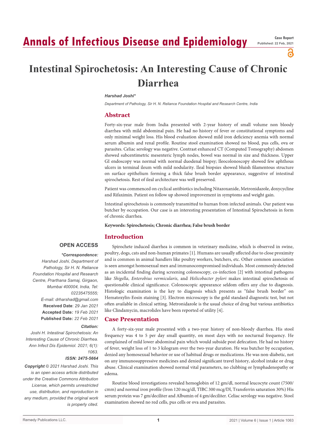 Intestinal Spirochetosis: an Interesting Cause of Chronic Diarrhea