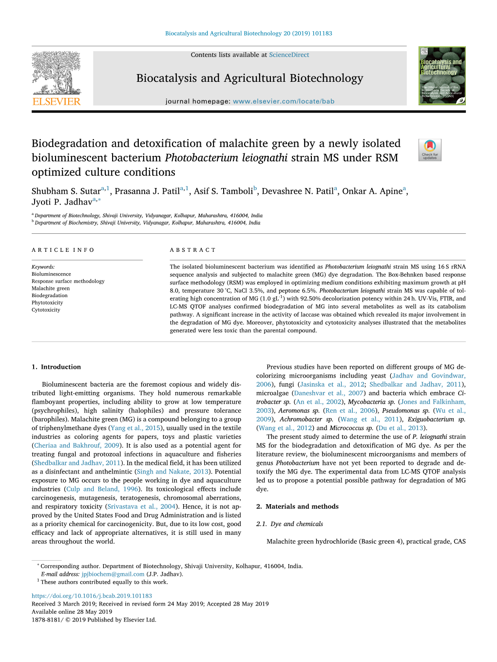 Biodegradation and Detoxification of Malachite Green by a Newly Isolated