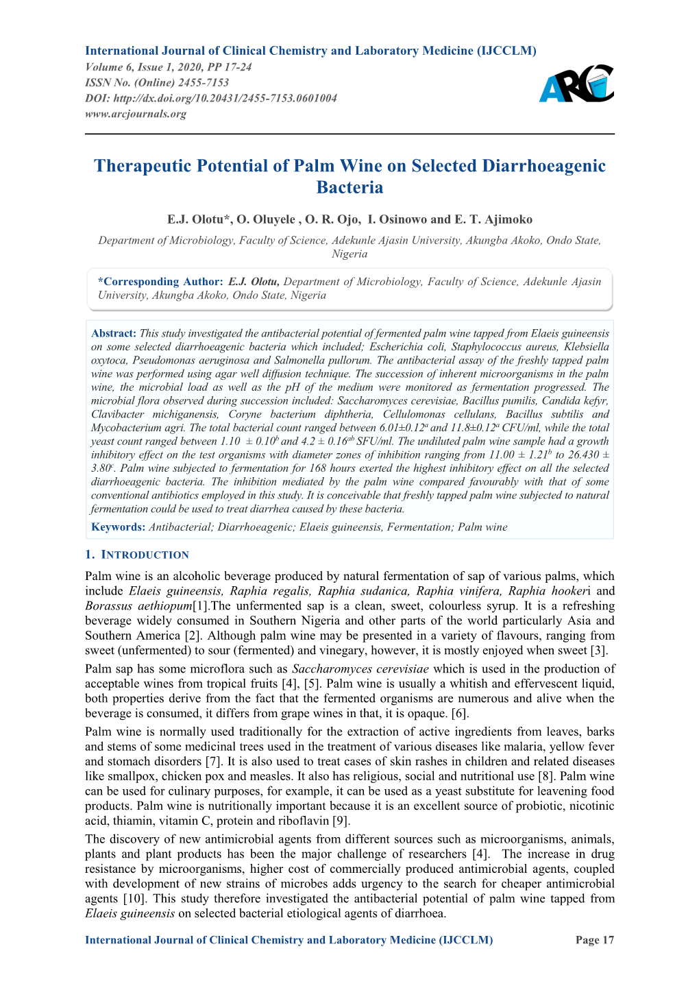 Therapeutic Potential of Palm Wine on Selected Diarrhoeagenic Bacteria