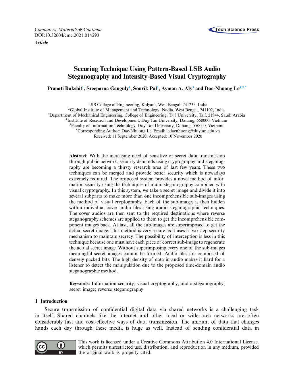 Securing Technique Using Pattern-Based LSB Audio Steganography and Intensity-Based Visual Cryptography