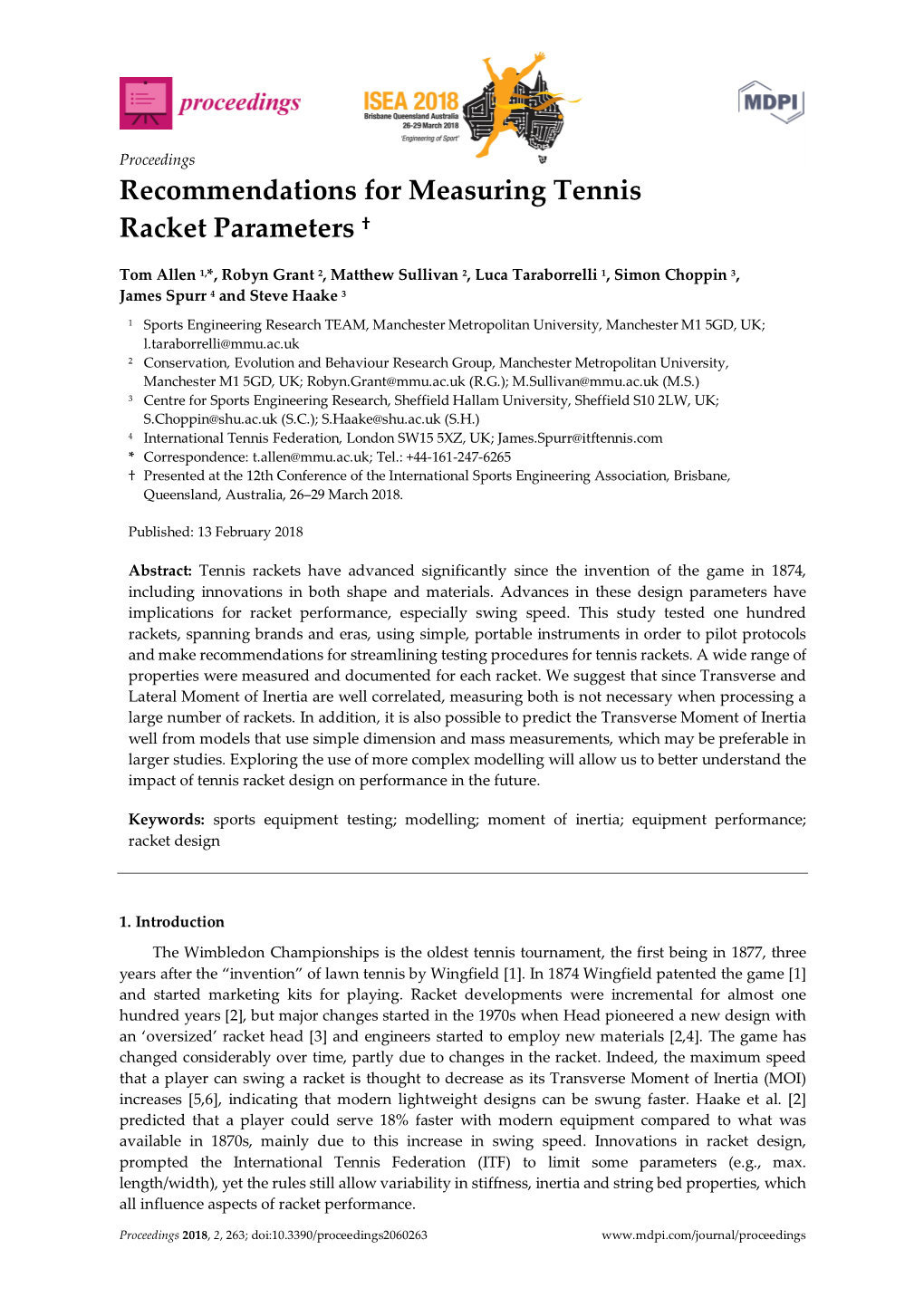 Recommendations for Measuring Tennis Racket Parameters †