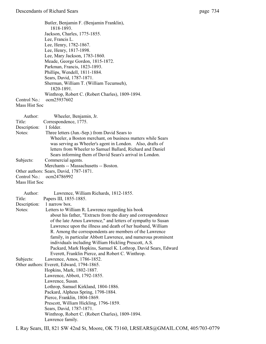 Descendants of Richard Sears Page 734 L Ray Sears, III, 821 SW