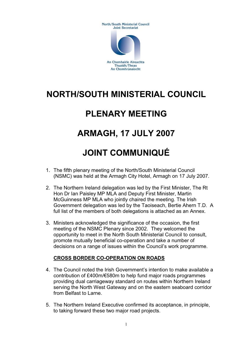 North/South Ministerial Council Plenary Meeting