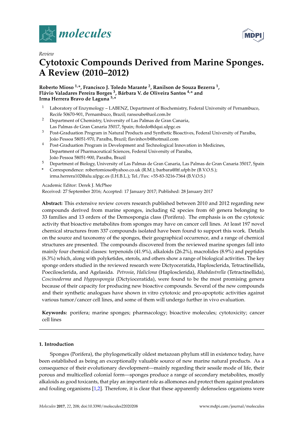 Cytotoxic Compounds Derived from Marine Sponges. a Review (2010–2012)