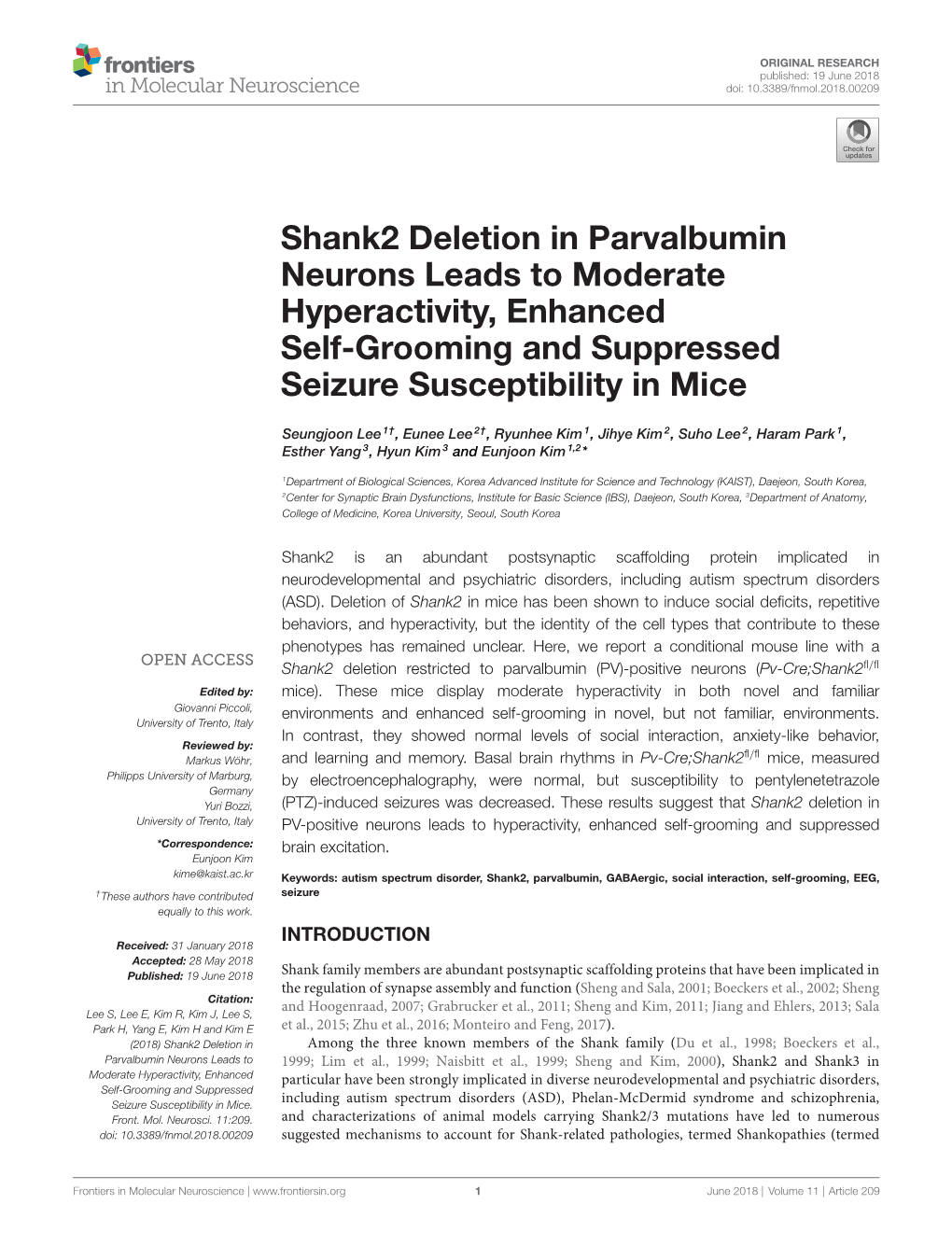 Shank2 Deletion in Parvalbumin Neurons Leads to Moderate Hyperactivity, Enhanced Self-Grooming and Suppressed Seizure Susceptibility in Mice