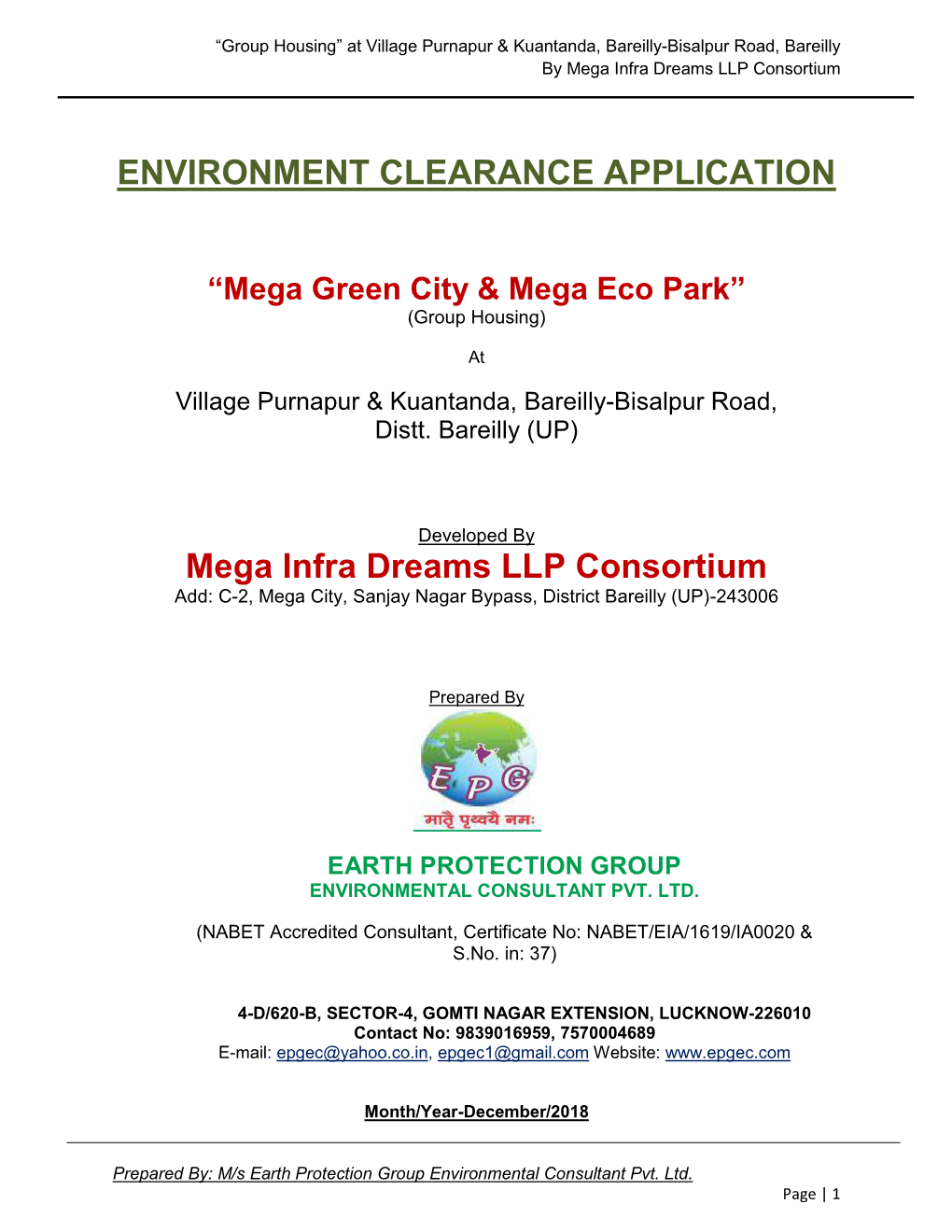 ENVIRONMENT CLEARANCE APPLICATION Mega Infra Dreams