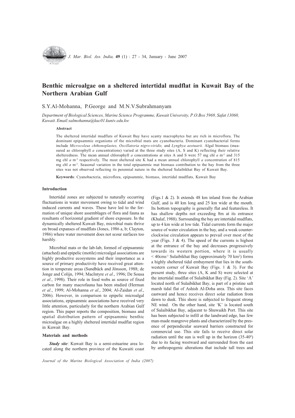 Benthic Microalgae on a Sheltered Intertidal Mudflat in Kuwait Bay of the Northern Arabian Gulf