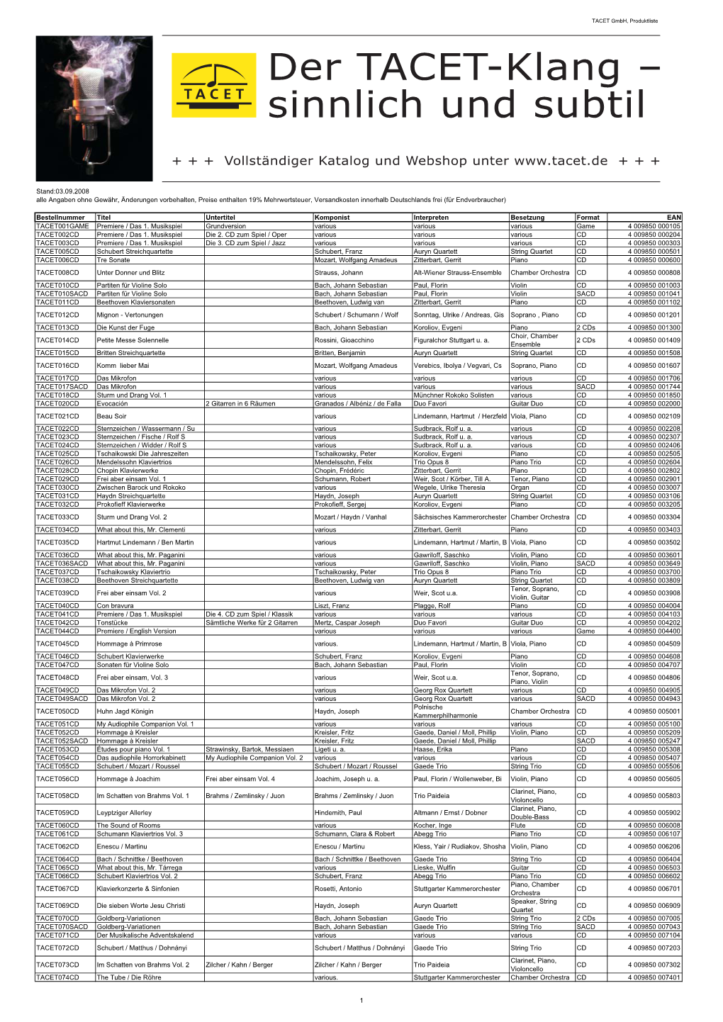 Stand:03.09.2008 Alle Angaben Ohne Gewähr, Änderungen Vorbehalten, Preise Enthalten 19% Mehrwertsteuer, Versandkosten Innerhalb Deutschlands Frei (Für Endverbraucher)