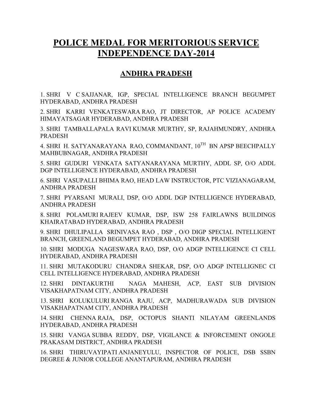 Police Medal for Meritorious Service Independence Day-2014