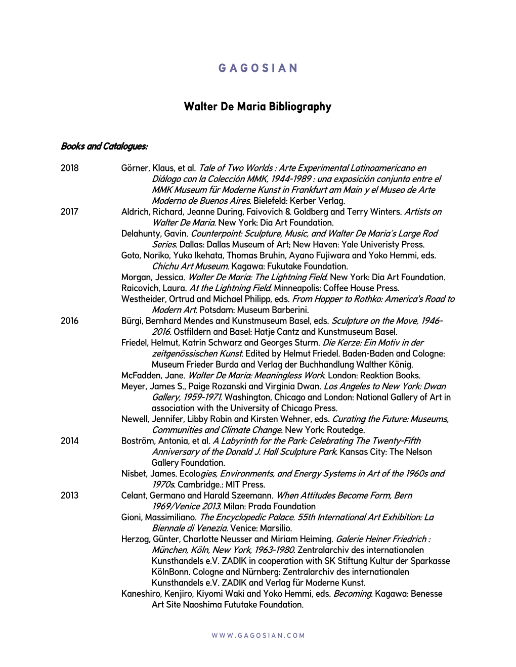 Walter De Maria Bibliography