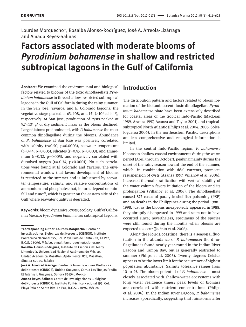 Factors Associated with Moderate Blooms of Pyrodinium Bahamense in Shallow and Restricted Subtropical Lagoons in the Gulf of California