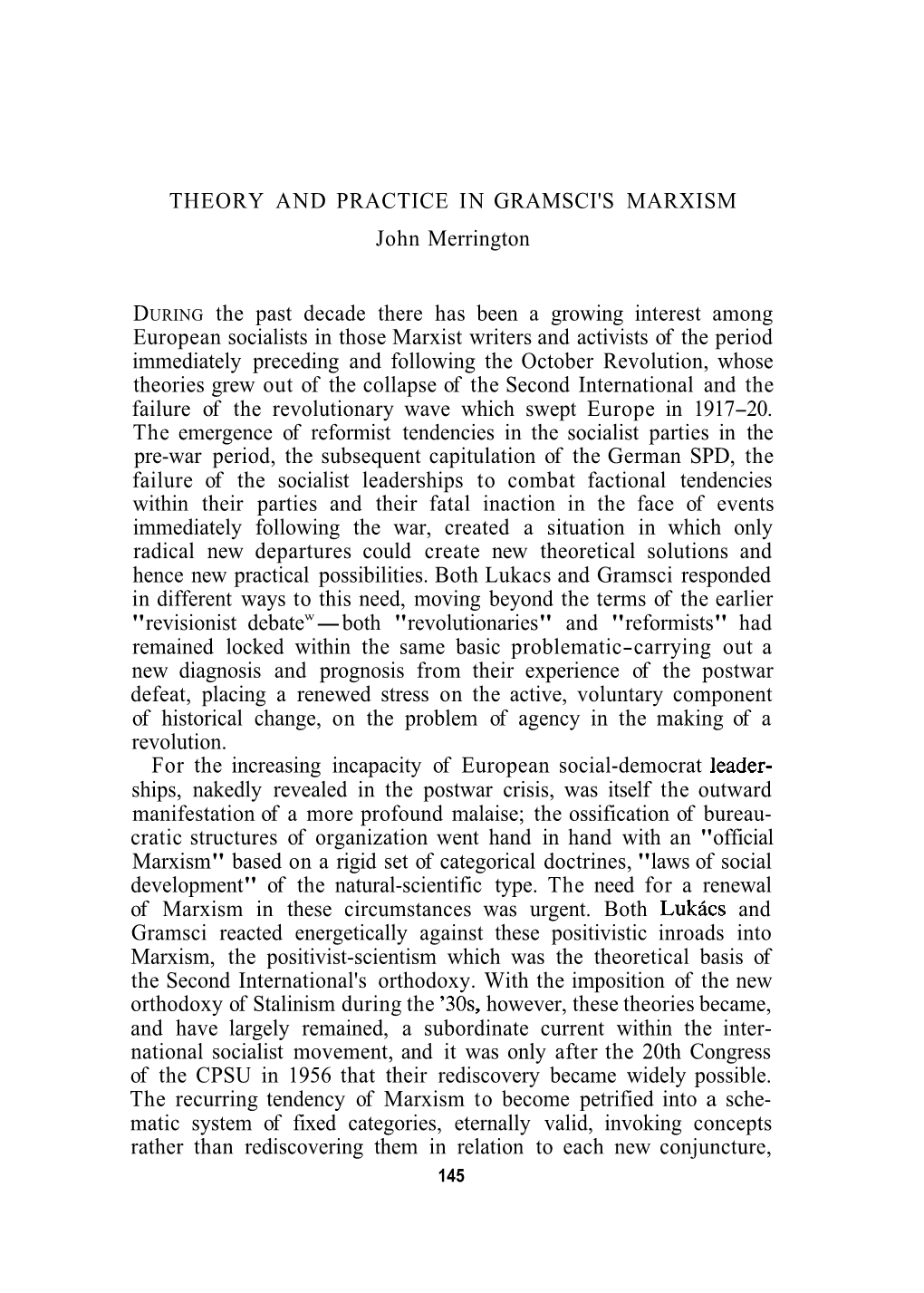 THEORY and PRACTICE in GRAMSCI's MARXISM John Merrington