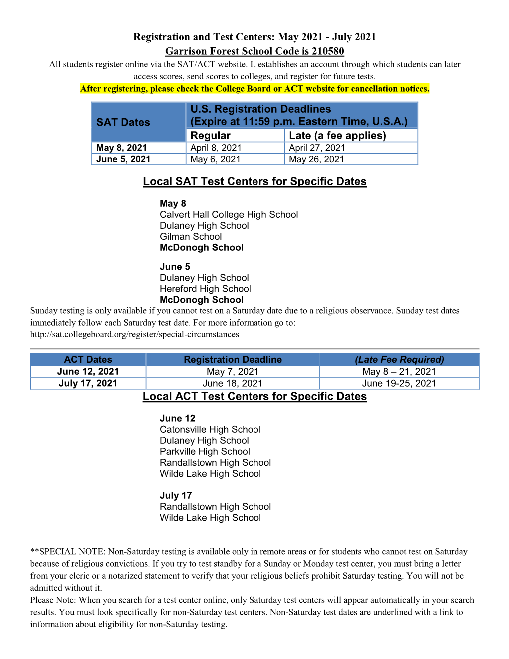 Local SAT Test Centers for Specific Dates