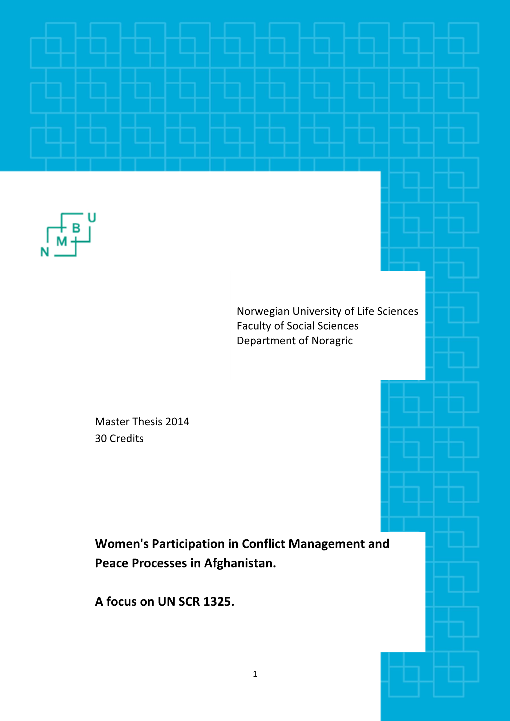 Women's Participation in Conflict Management and Peace Processes, with a Focus on the United Nations Security Council Resolution 1325