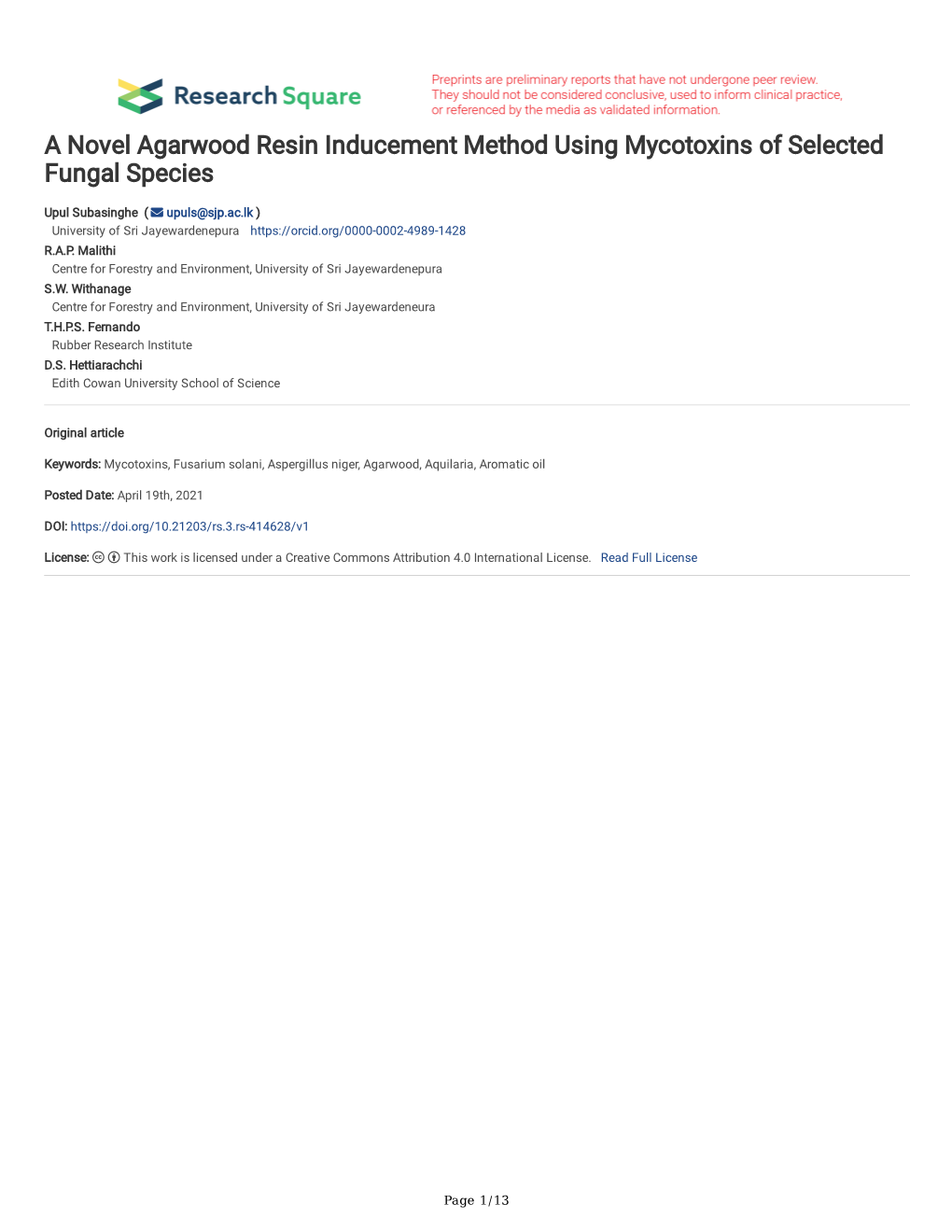 A Novel Agarwood Resin Inducement Method Using Mycotoxins of Selected Fungal Species