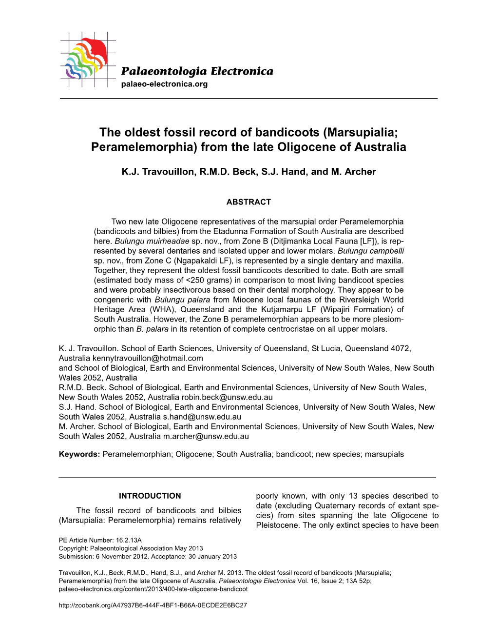 The Oldest Fossil Record of Bandicoots (Marsupialia; Peramelemorphia) from the Late Oligocene of Australia