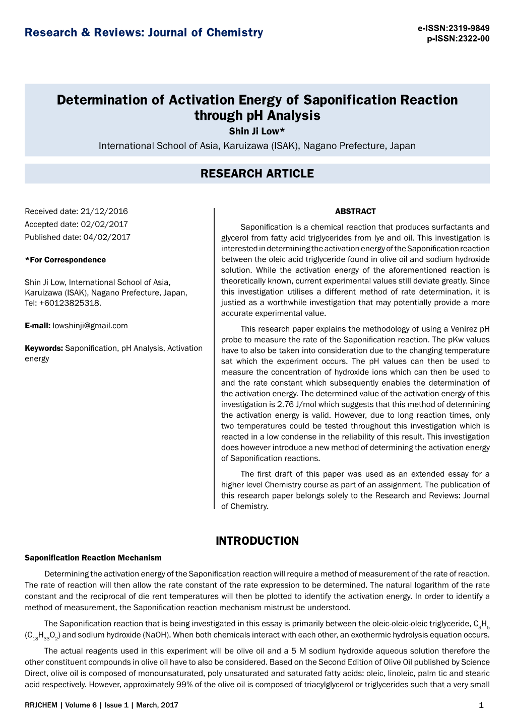 Determination of Activation Energy of Saponification Reaction Through Ph