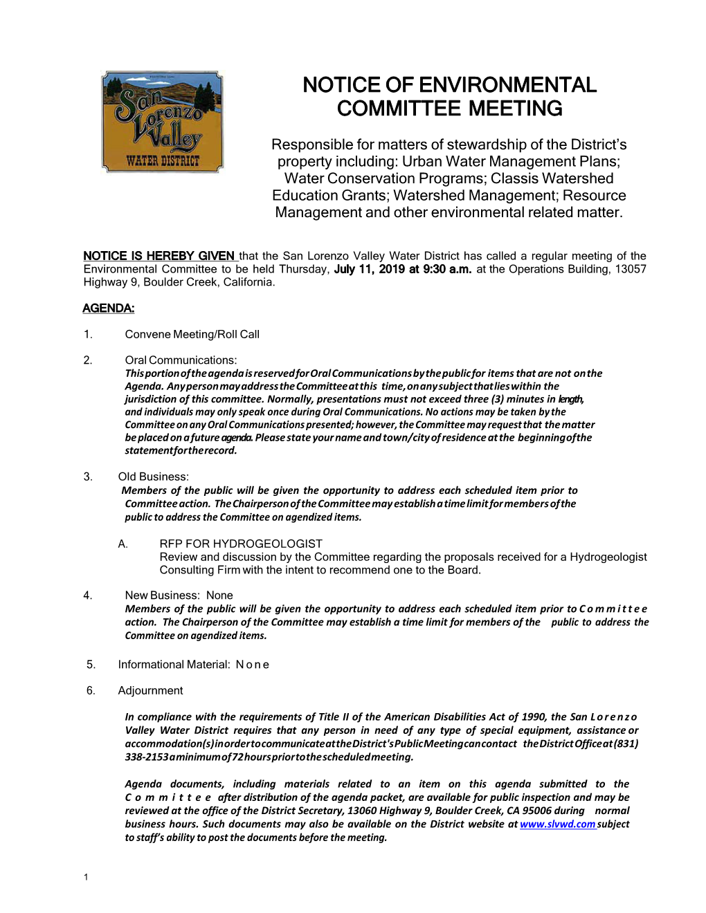 Notice of Environmental Committee Meeting